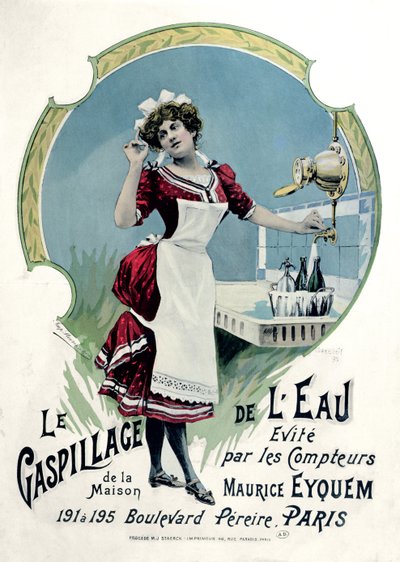 「水の浪費を回避」、モーリス・エイクム水道メーターの広告、1898 作： Georges Blott